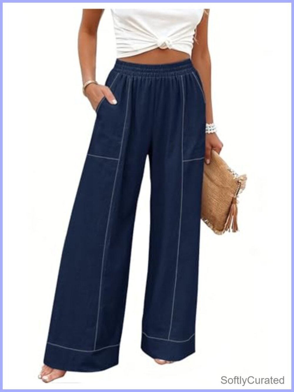 Elastic Waist Palazzo Pants Wide Leg Cotton Linen with Pockets